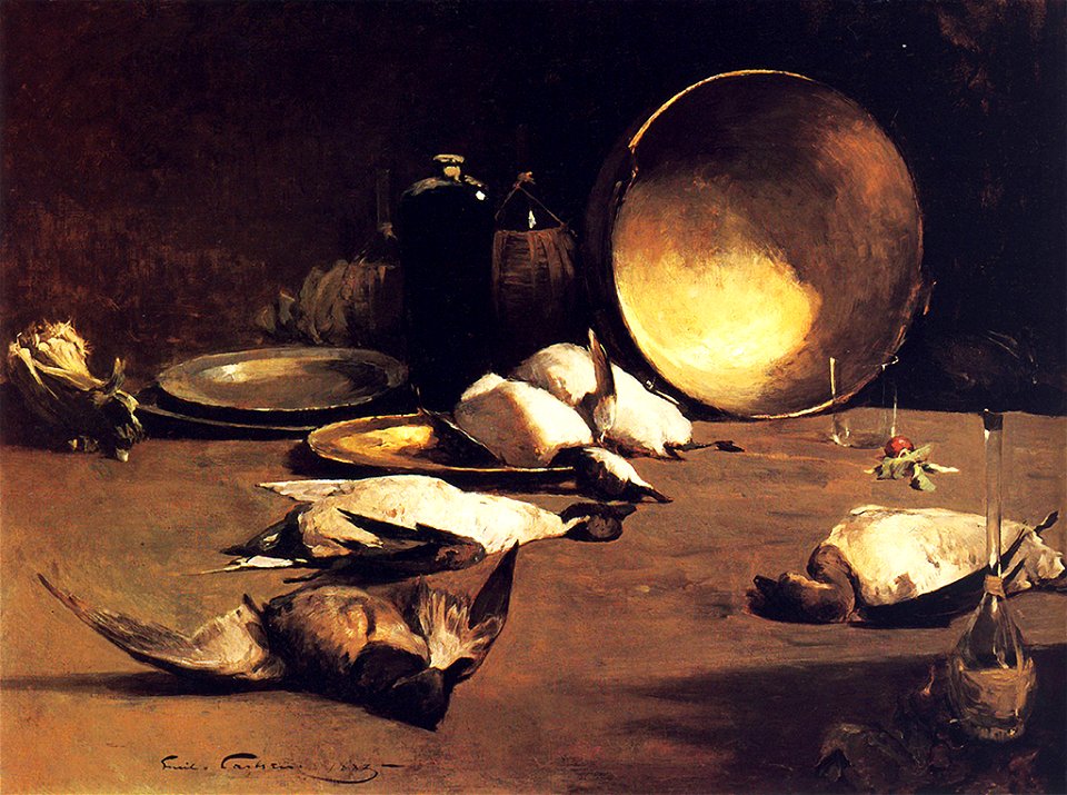 Still Life, Brass Bowl, Ducks, and Bottles