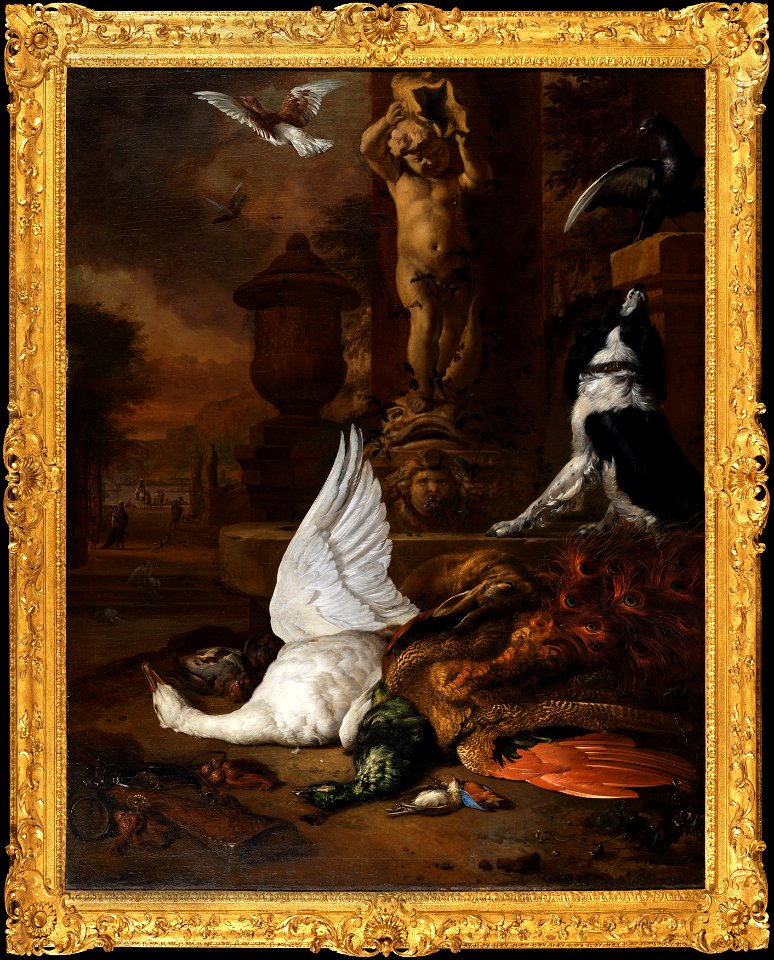 Stilleben med död svan, en påfågel och en hund vid en trädgårdsfontän (Jan Weenix) - Nationalmuseum - 180011