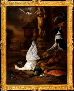 Stilleben med död svan, en påfågel och en hund vid en trädgårdsfontän (Jan Weenix) - Nationalmuseum - 180011. Free illustration for personal and commercial use.