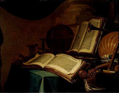 Still Life with Books, a Globe and Musical Instruments by Jan Vermeulen Mauritshuis 662. Free illustration for personal and commercial use.