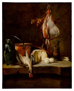 Still Life with a ray-fish, a basket of onions, eggs, cheese, a green jug and a copper pot, with a mortar and pestle on a stone ledge 