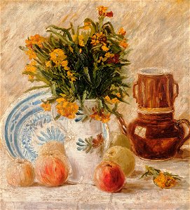 Stilleben mit Kaffeetopf und Blumen