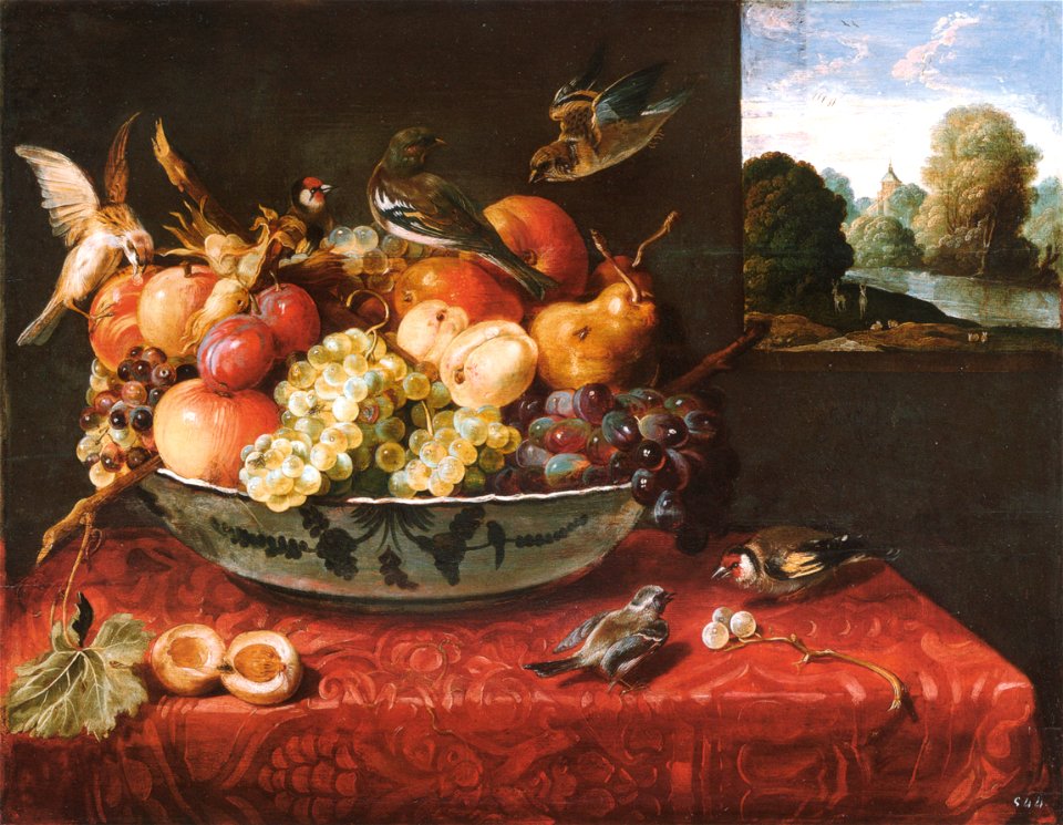 Stillleben mit Obstschale, Vögeln und Fensterausblick