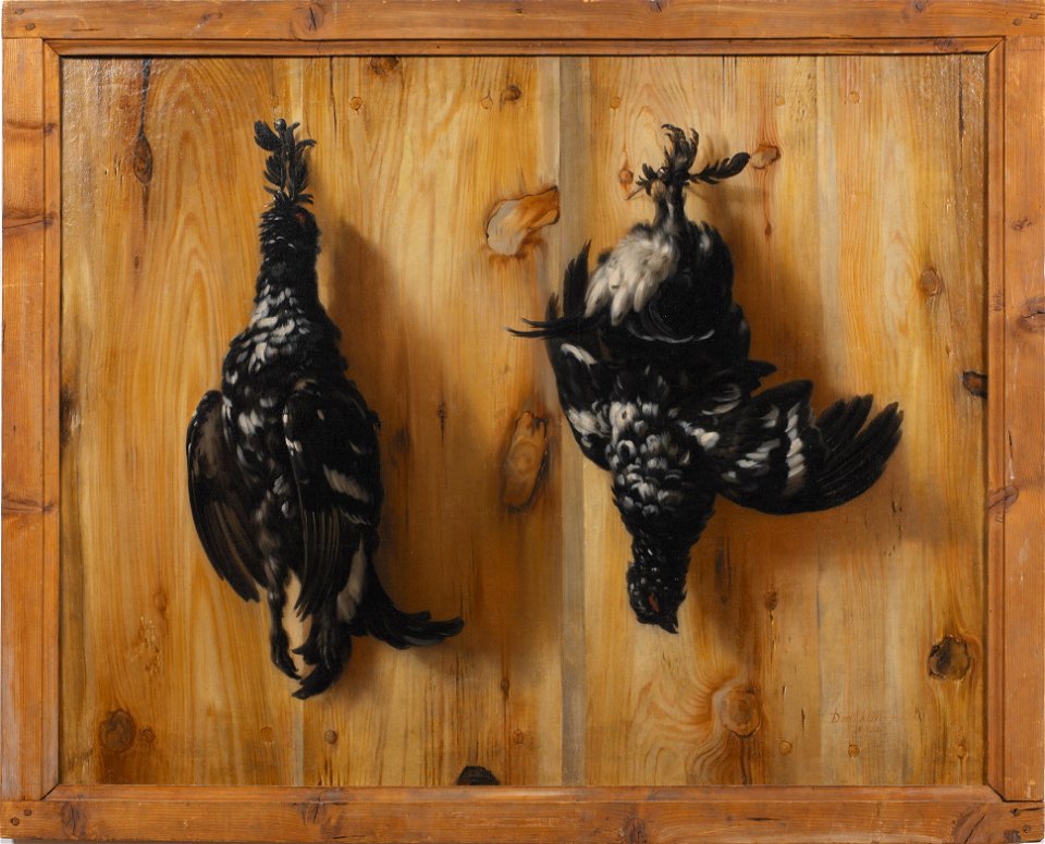 Stilleben med två orrtuppar mot en brädvägg (David Klöcker Ehrenstrahl) - Nationalmuseum - 113792