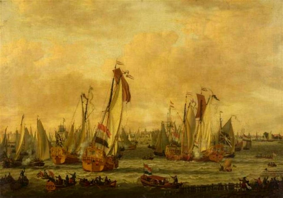 Abraham Storck - Spiegelgevecht tussen Engelse en Hollandse schepen op het IJ voor Amsterdam - 1108 - Fitzwilliam Museum