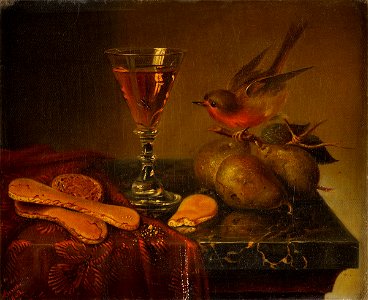 Stilleben mit Weinglas Löffelbisquit und Rotkehlchen 1863