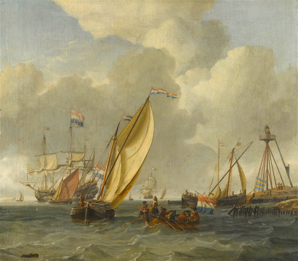 Dutch Ships on Choppy Coastal Waters by a Spit of Land by Abraham Storck