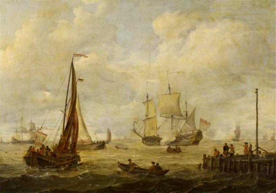 Abraham Storck - Hollands fregat lost een saluutschot voor de kust - 55 - Fitzwilliam Museum