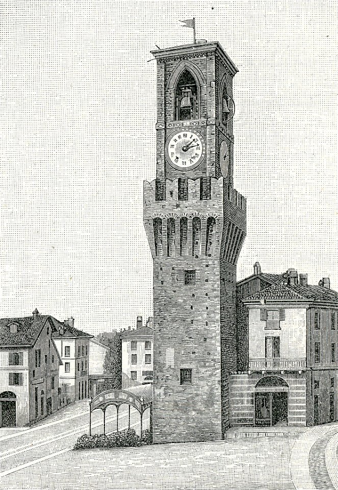 Stradella torre con campanile in piazza del mercato xilografia di Barberis