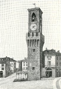 Stradella torre con campanile in piazza del mercato xilografia di Barberis