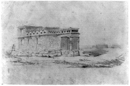 Stone building with portico, possibly a crypt or shrine, and in the distance, tents of nomads, northwest China LCCN2011660759