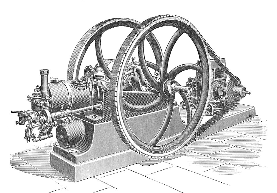 Stockport gas engine and belt-driven dynamo (Rankin Kennedy, Electrical Installations, Vol III, 1903)