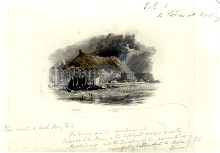 Storm at Hastings engraving by William Miller after Birket Foster touched proof
