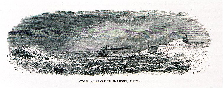 Storm-Quarantine harbour, Malta - Allan John H - 1843. Free illustration for personal and commercial use.