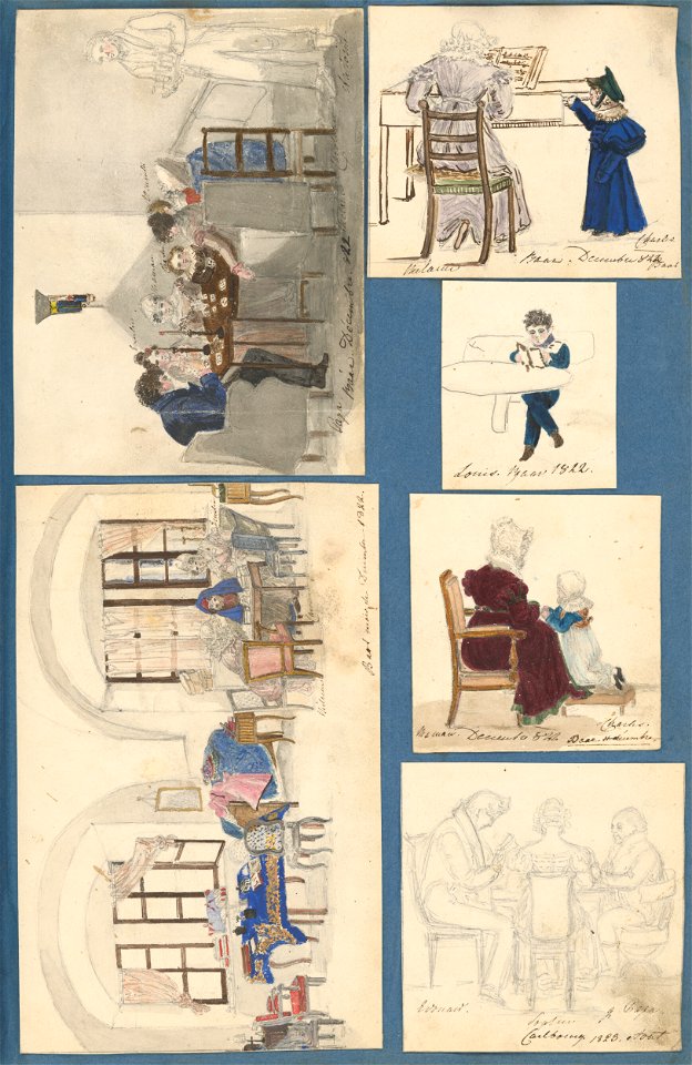 Stredoeurópsky maliar z 19. storočia - Výjavy z kaštieľa v Hornom Bare. Rodina pri stole v Rusovciach. Melánia Zichy Ferraris pri hre na klavír - K 6232-23 - Slovak National Gallery