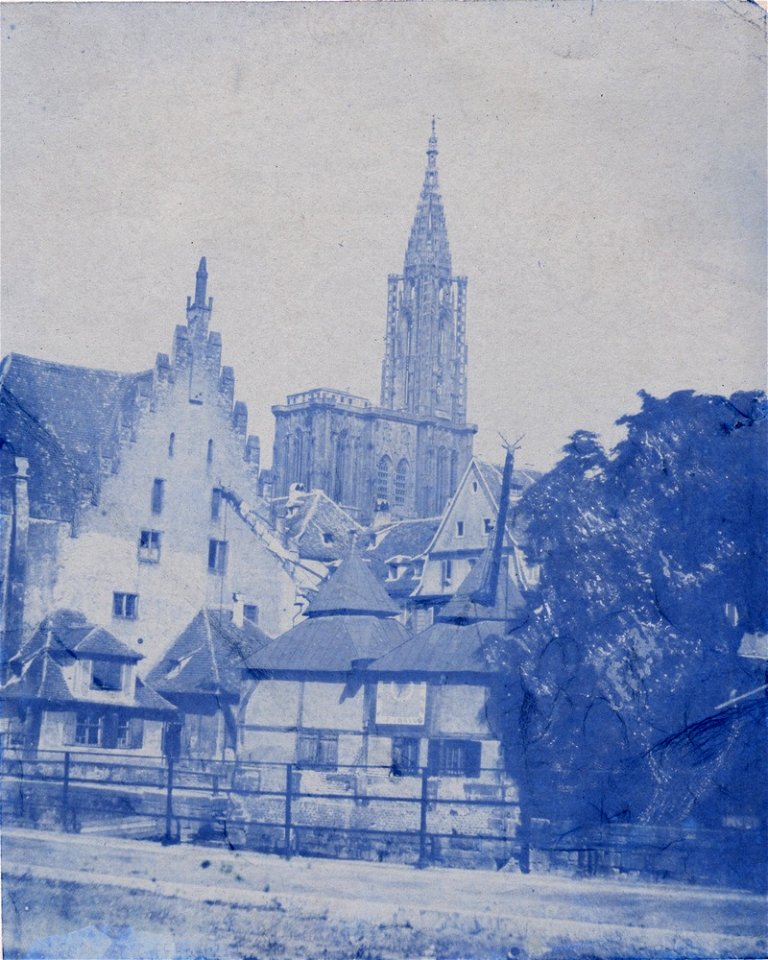 Strasbourg, les grues de la douane et la cathédrale vers 1850