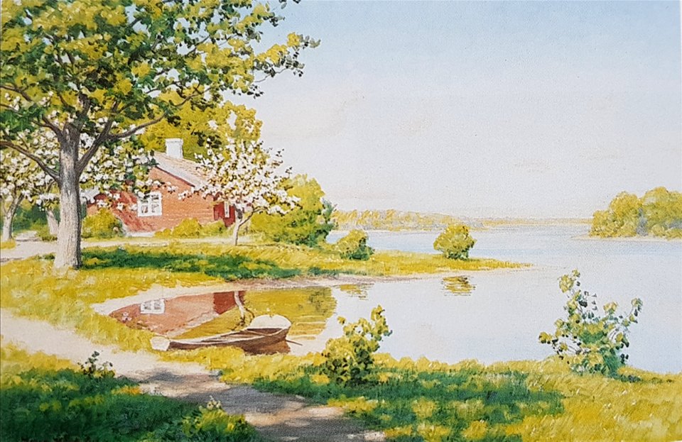 Strandlandskap med röd stuga x Johan Krouthén