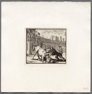 Strijd tussen een stier en een leeuw in een amfitheater te Jeruzalem, objectnr A 47927