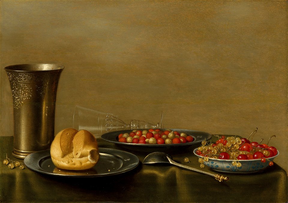 Strawberries in a silver dish, cherries and white currents in a wanli bowl 