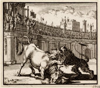 Strijd tussen een stier en een leeuw in een amfitheater te Jeruzalem, objectnr A 48222
