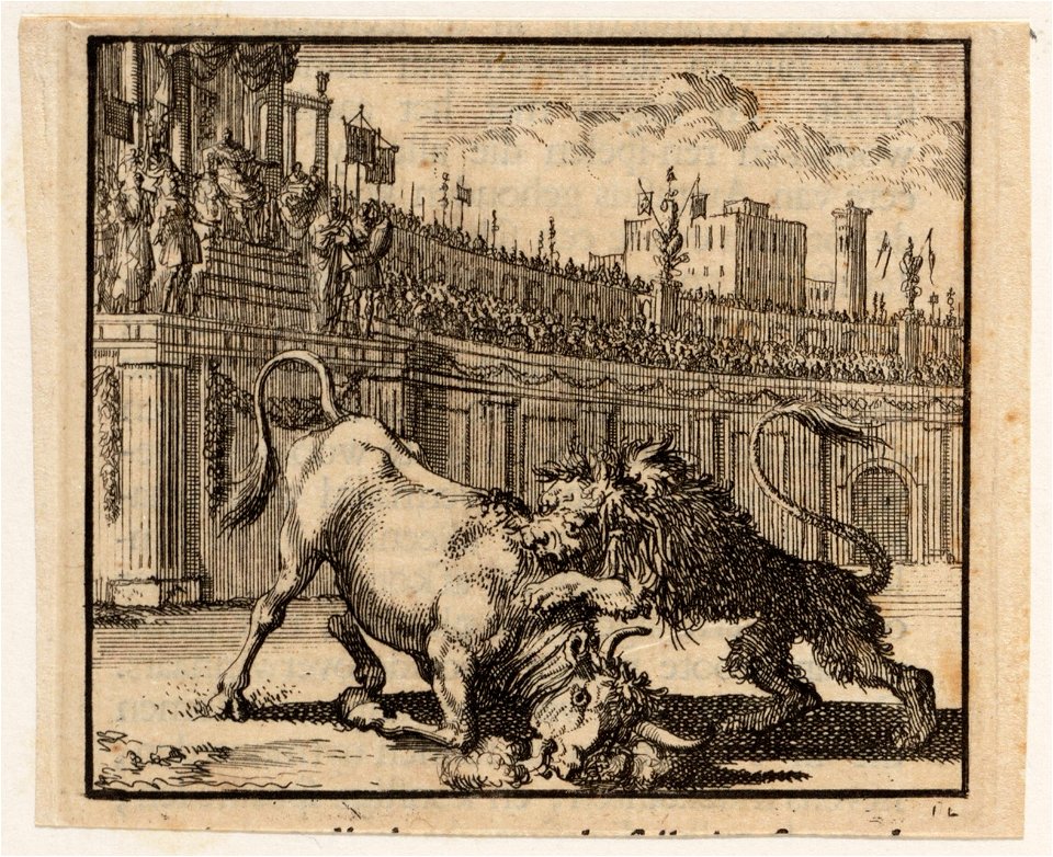 Strijd tussen een stier en een leeuw in een amfitheater te Jeruzalem, objectnr A 47863