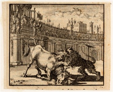 Strijd tussen een stier en een leeuw in een amfitheater te Jeruzalem, objectnr A 47863