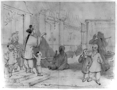 Street scene, possibly outside a temple, with adults and children, some greeting others, a street crier with shoulder pole in the shadow on the right, and two pigs in the background LCCN2011660721