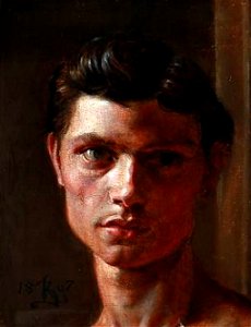 Studiehovede en face af en mørkhaaret mandlig model (Zahrtmann)