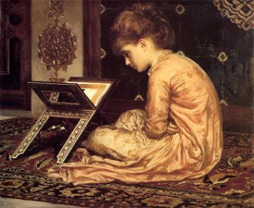 Study at a Reading Desk - Frederic Leighton (1877). Free illustration for personal and commercial use.