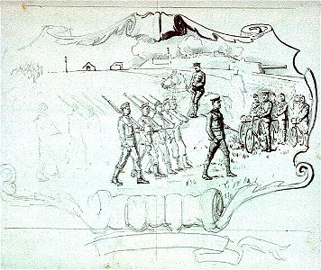 Studies of soldiers in a cartouche representing coastal defence RMG PU9956