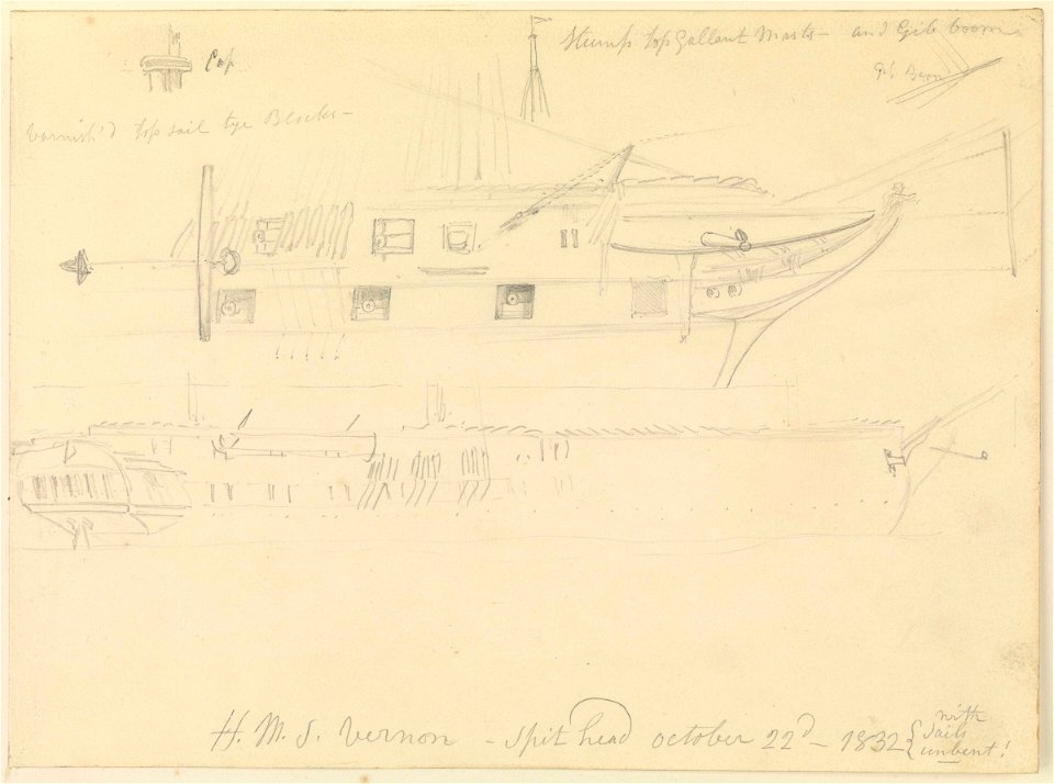 Studies of HMS 'Vernon', Spithead October 22nd 1832,' with sails unbent!' RMG PZ0902