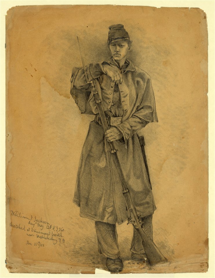 Study of infantry soldier on guard-William J. Jackson, Sergt. Maj. 12th N.Y. Vols.-Sketched at Stoneman's Switch, near Fredricksburg (sic), Va. Jan. 27th, 1863 LCCN2004661812