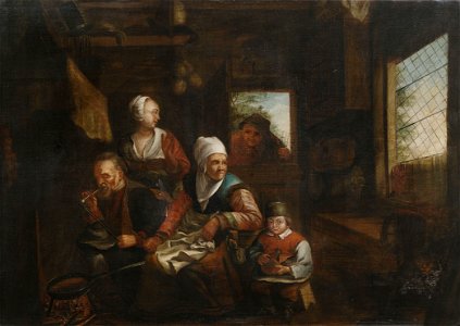 Style of David IIi Ryckaert Peasant family in the kitchen. Free illustration for personal and commercial use.