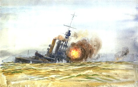 Study of the former German battleship 'Baden', listing and under fire as a gunnery target in 1921 RMG PW1872