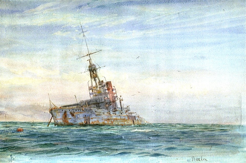 Study of the former German battleship 'Baden', at anchor and listing, 1921 RMG PW1873