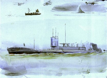 Study of a K-class submarine ('K10'), with sketches of aeroplanes bombing RMG PV2697. Free illustration for personal and commercial use.