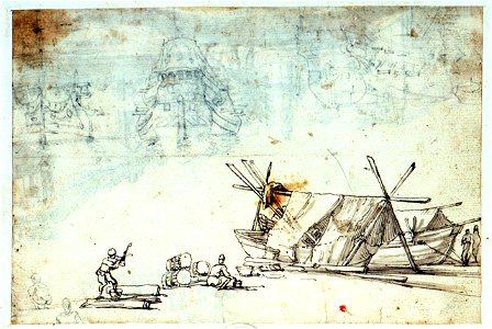 Study of men working on Mediterranean craft with studies of a warship RMG PU8361 1