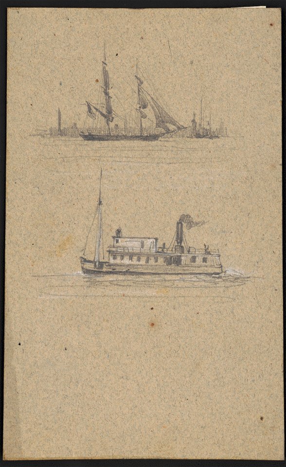 Study sketches of two ships - a sailing ship and a steamship, possibly a ferry LCCN2016645579