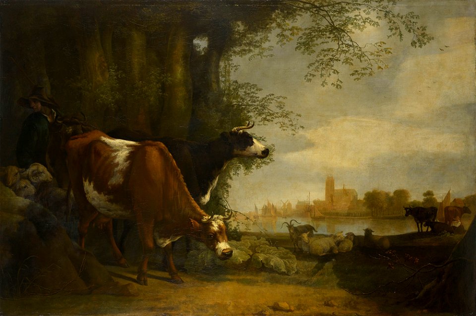 Style of Aelbert Cuyp (Dordrecht 1620-Dordrecht 1691) - Milking Time in a Riverside Pasture, near Dordrecht. - RCIN 406742 - Royal Collection