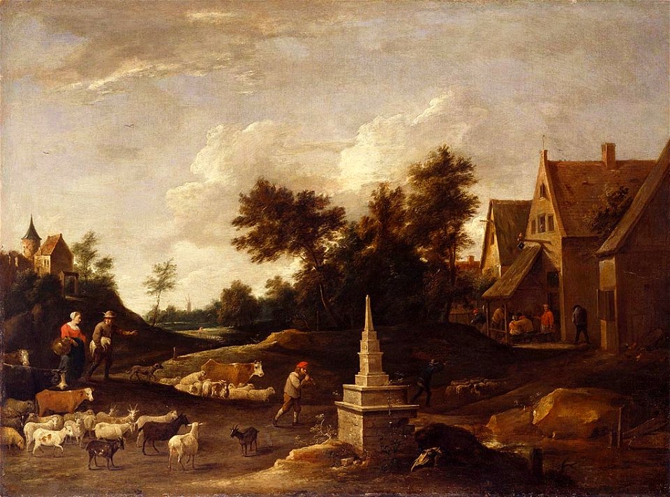 Style of David Teniers the Younger (Antwerp 1610-Brussels 1690) - Shepherds with their Flocks Approaching a Tavern - RCIN 404776 - Royal Collection