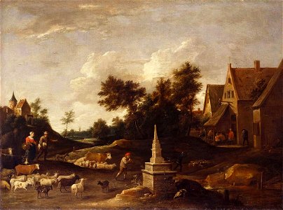 Style of David Teniers the Younger (Antwerp 1610-Brussels 1690) - Shepherds with their Flocks Approaching a Tavern - RCIN 404776 - Royal Collection