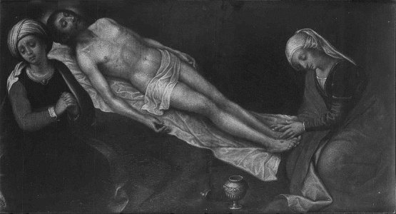 Style of Adriaen Ysenbrandt (active 1510-51) - The Dead Christ Lamented by one of the Maries and the Magdalen (a fragment) - RCIN 404671 - Royal Collection