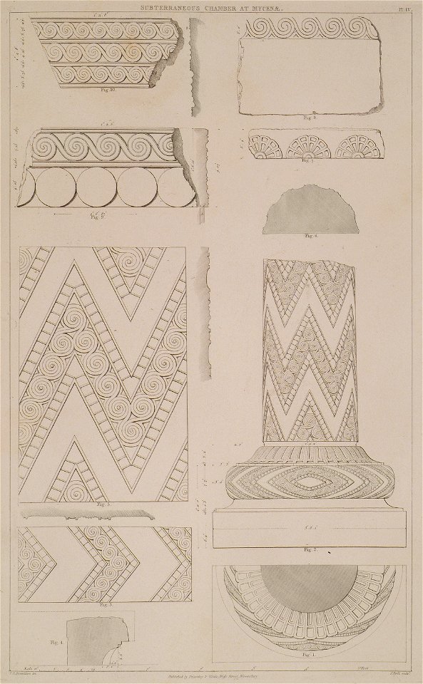 Subterranean chamber at Mycenae Details Fig 1 is of green marble, and still remains on the spot, immediately outside the - Cockerell Charles Robert Kinnard William Donaldsonthomas Leverton Jenkins William Railton William - 1830