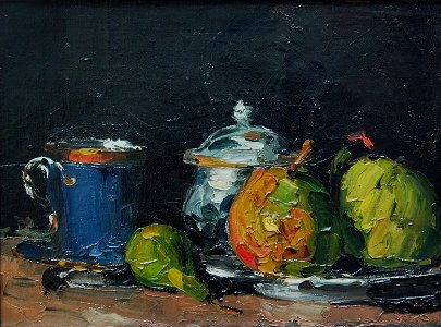 Sucrier, poires et tasse bleue, par Paul Cézanne