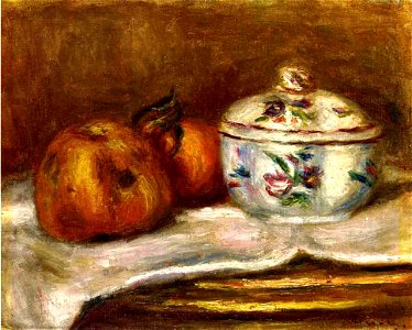 Sugar Bowl Apple and Orange by Pierre Auguste Renoir. Free illustration for personal and commercial use.