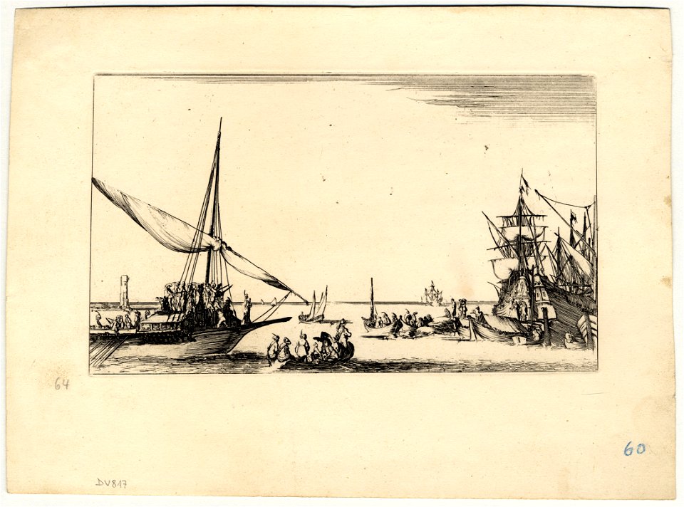 Suite de huit Marines - Une galère arrive dans le port, plusieurs barques pleines de monde FIE DEL 817a