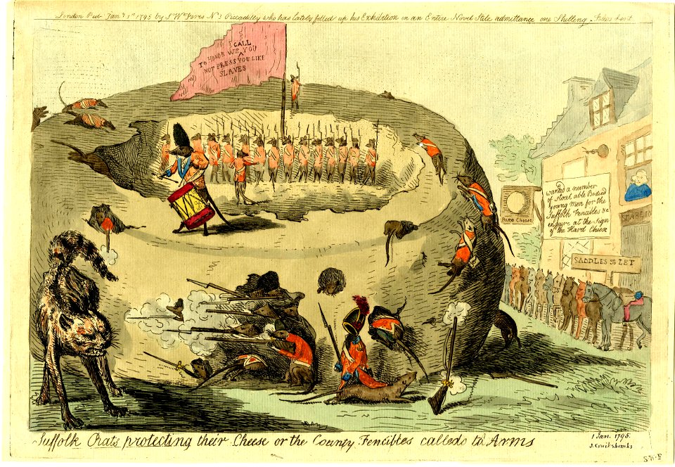 Suffolk rats protecting their cheese or the county fencibles called to arms (BM 1868,0808.6384)
