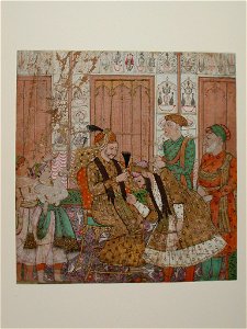 Sultan Abul Hasan of Golconda receives the sarpech, insignia of kingship, from (6124544617)
