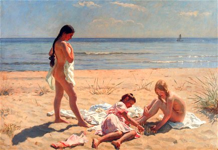 Summer day at the beach of Skagen by Laurits Tuxen. Free illustration for personal and commercial use.