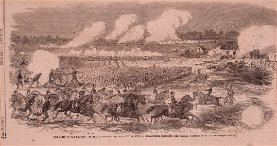 Sumner Repulsing the Rebels, Savage Station Virginia, Engraving, drawing by Alfred Rudolph Waud. Free illustration for personal and commercial use.